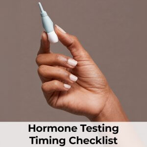 Hormone Testing Timing Checklist explaining when hormone tests are helpful and how hormone levels fluctuate during perimenopause