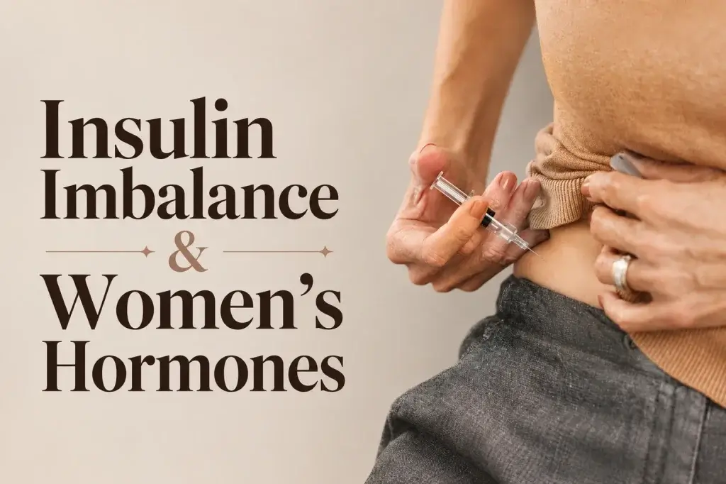 Close-up editorial-style image of a woman injecting insulin into her abdomen with elegant typography reading “Insulin Imbalance & Women’s Hormones” on a soft neutral background.