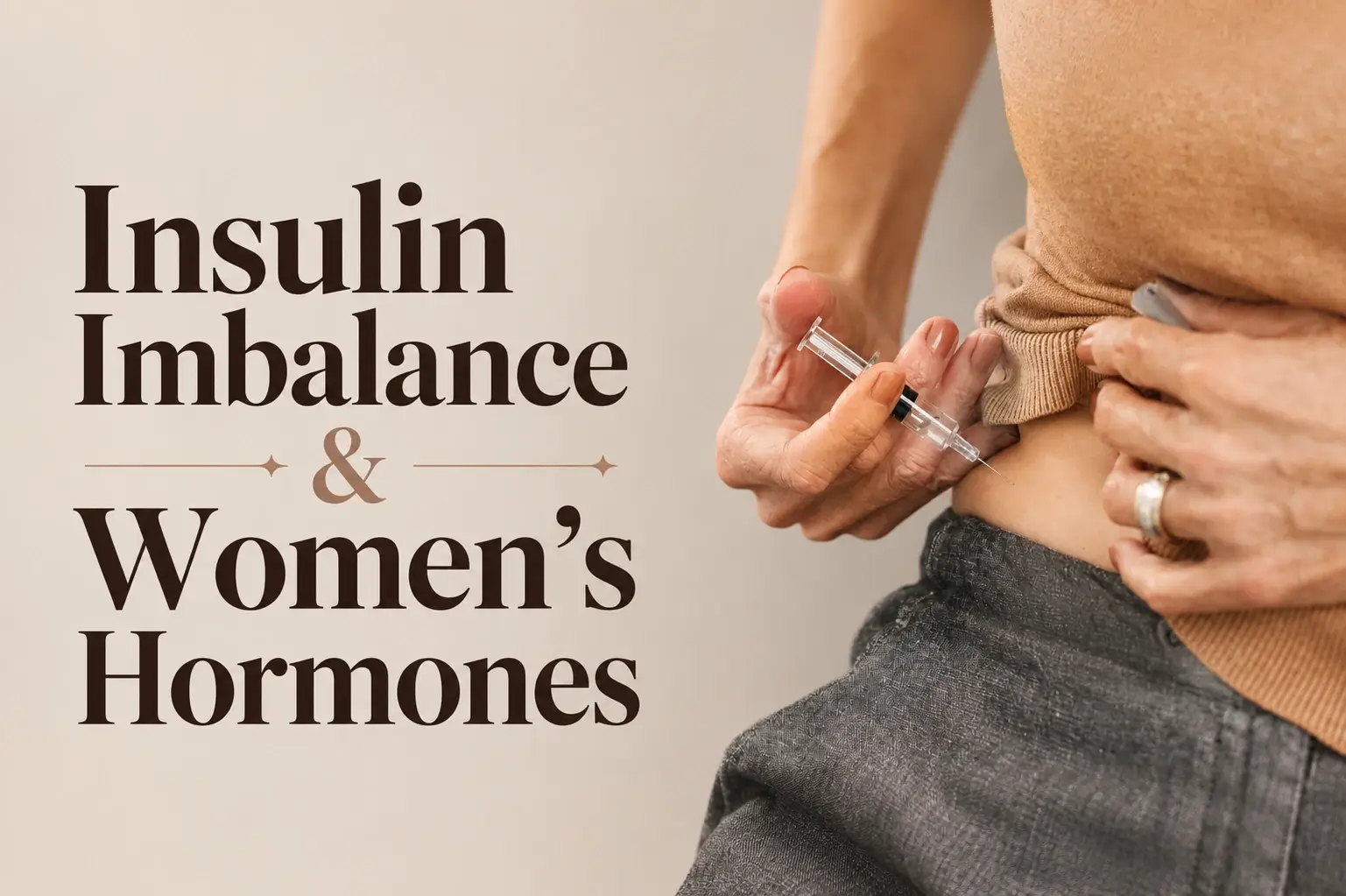 Close-up editorial-style image of a woman injecting insulin into her abdomen with elegant typography reading “Insulin Imbalance & Women’s Hormones” on a soft neutral background.