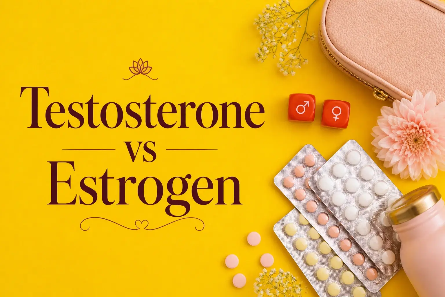 Flat lay hero image with testosterone and estrogen symbols, hormone tablets, feminine wellness accessories, and elegant typography reading “Testosterone vs Estrogen” on a bright yellow background.