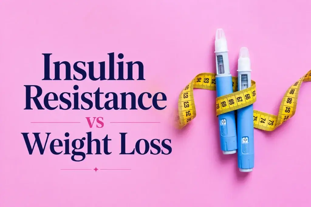 Flat-lay hero image showing two blue insulin pens wrapped with a yellow measuring tape against a soft pink background, alongside bold elegant typography reading “Insulin Resistance vs Weight Loss.”