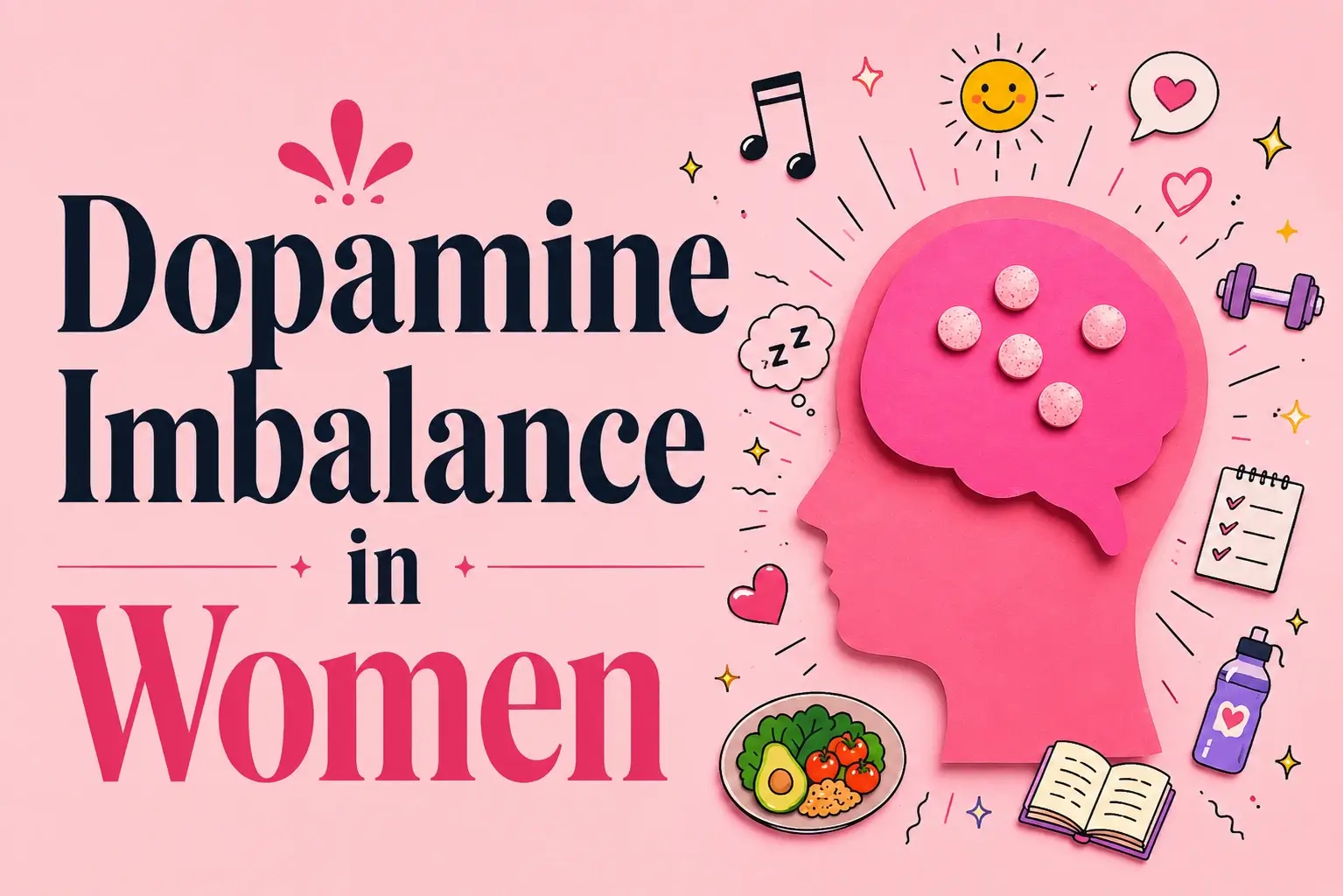 Pink editorial-style illustration of a woman’s head silhouette with a brain graphic and playful dopamine-related doodles like music notes, sleep symbols, exercise icons, healthy food, and hearts surrounding it, alongside bold typography reading “Dopamine Imbalance in Women.”