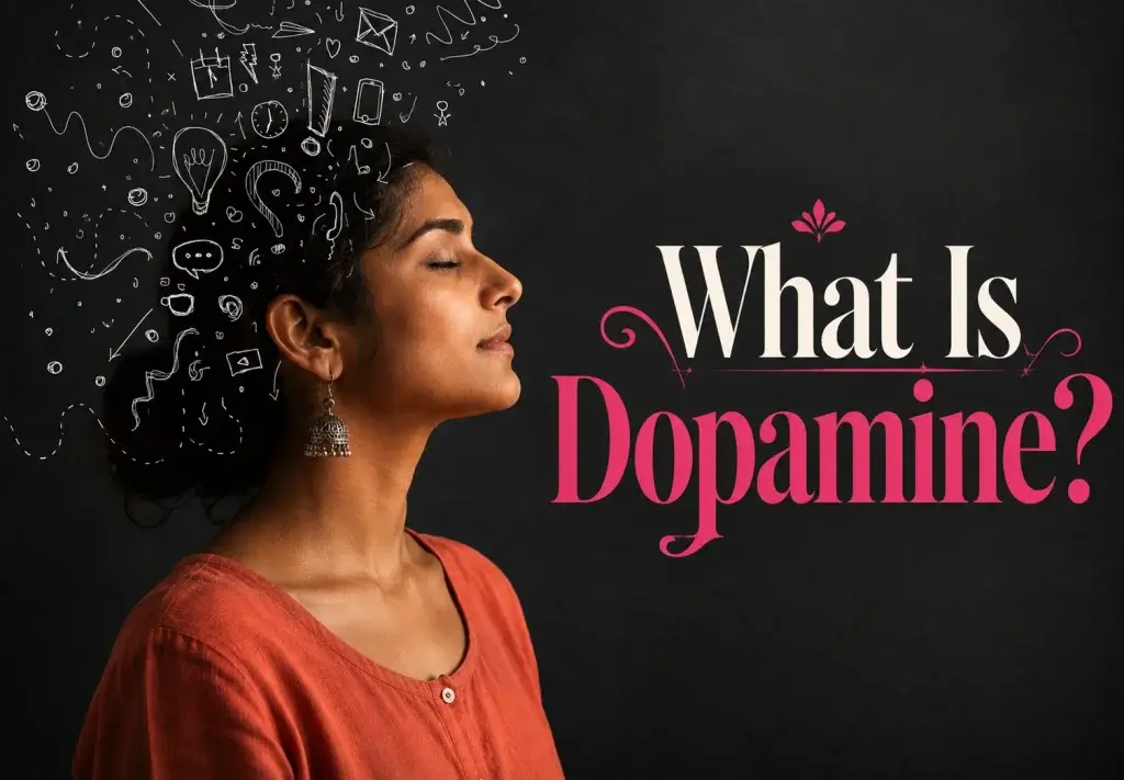 Indian woman in profile with illustrated thought doodles emerging from her head against a dark textured background, alongside elegant bold typography reading “What Is Dopamine?” in fuchsia pink and ivory tones.