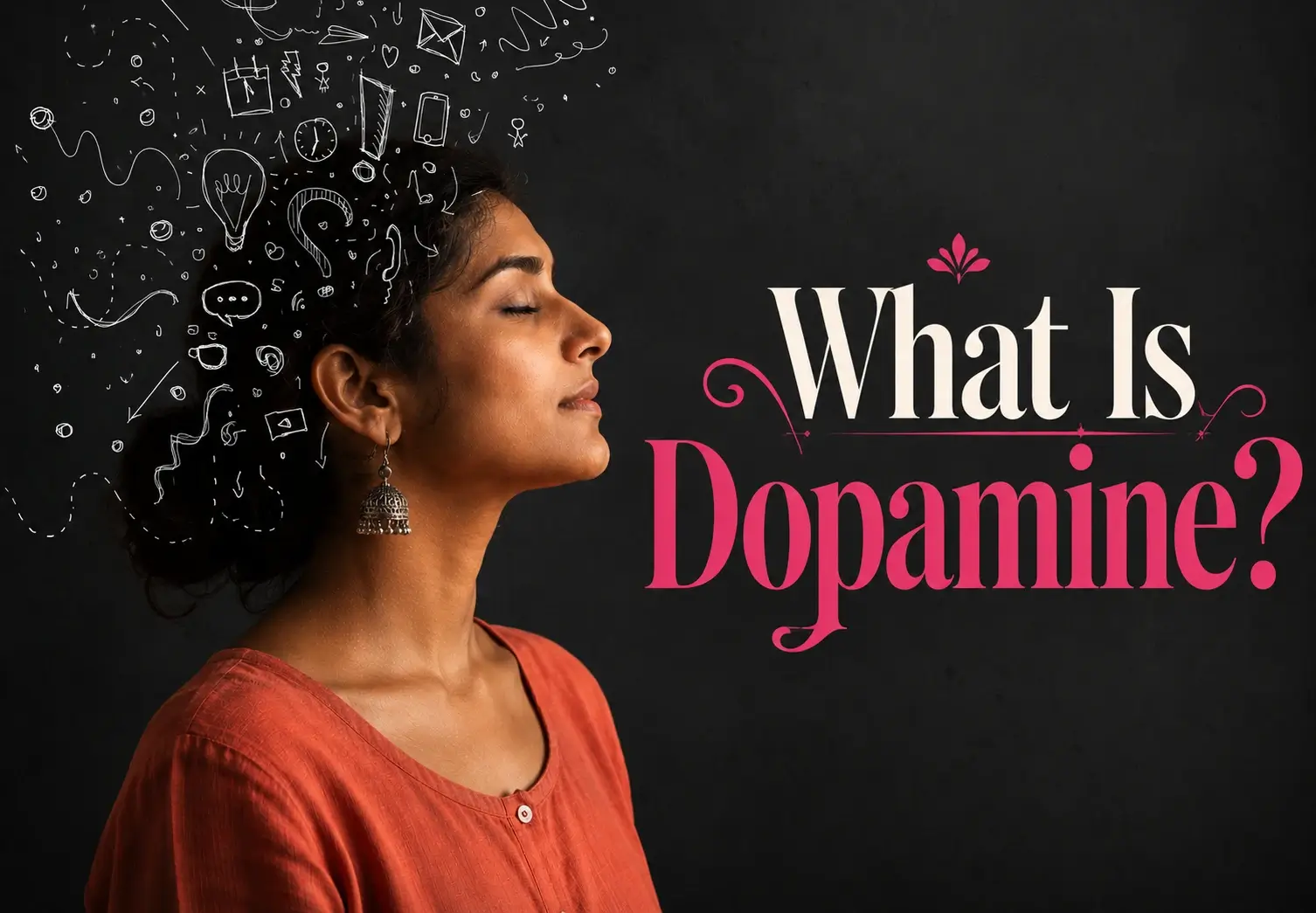Indian woman in profile with illustrated thought doodles emerging from her head against a dark textured background, alongside elegant bold typography reading “What Is Dopamine?” in fuchsia pink and ivory tones.