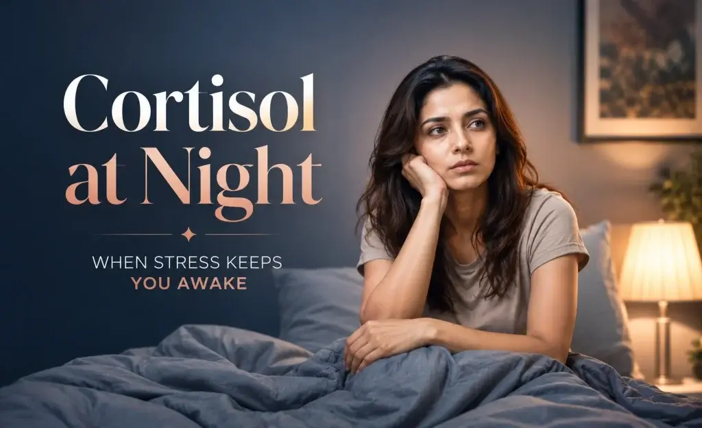 Cortisol at Night in women showing a tired Indian woman awake in bed due to stress, anxiety, poor sleep and hormonal imbalance.