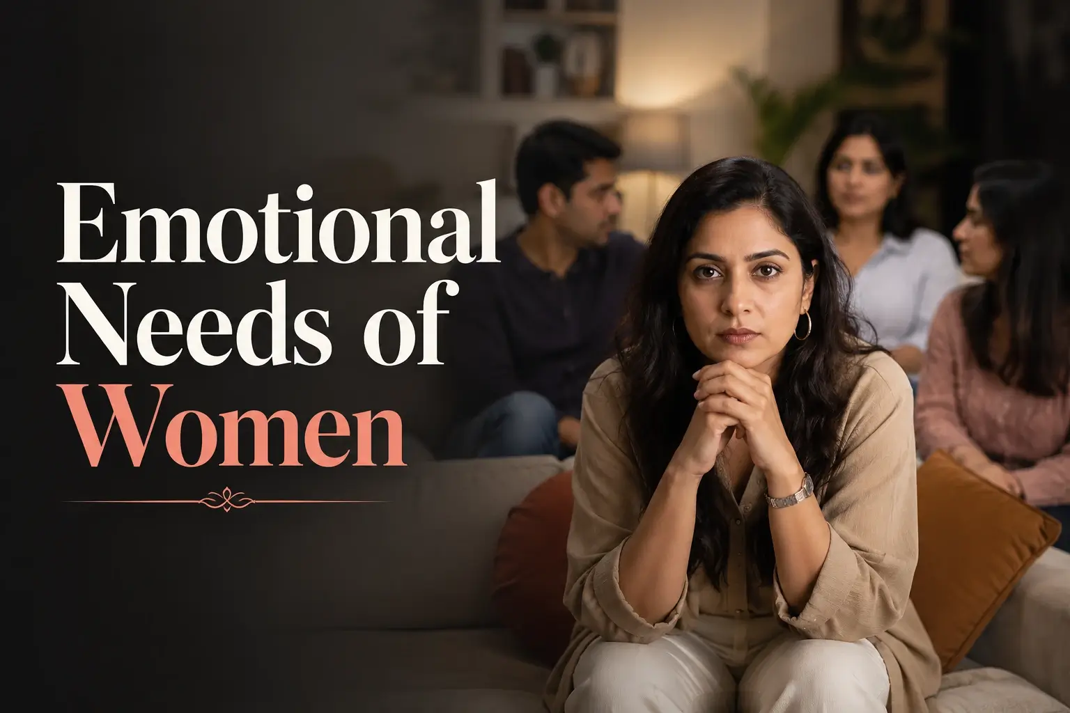 Emotional needs of women showing an Indian woman feeling unseen in a family setting, representing emotional neglect, self abandonment, people pleasing and women’s mental health.