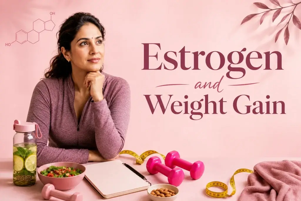 Estrogen and weight gain in perimenopause showing an Indian woman with healthy food, dumbbells and measuring tape, representing belly fat, hormonal body changes and midlife wellness.