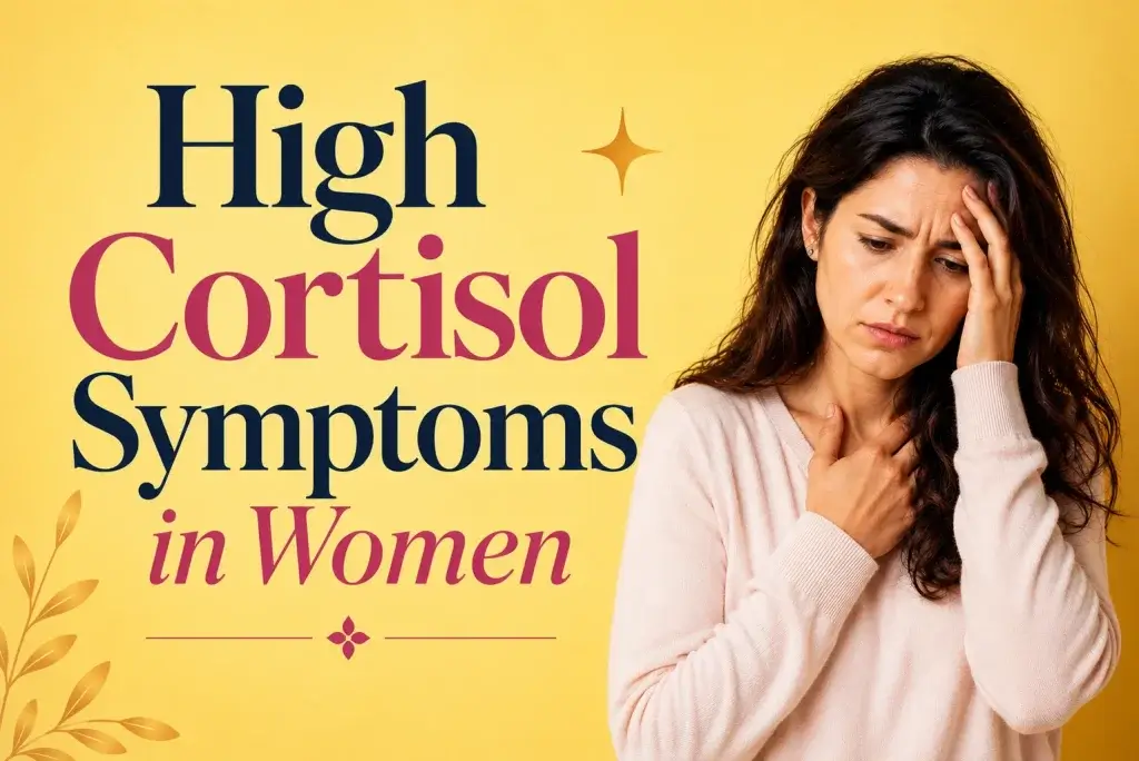 A worried woman holds her head against a bright yellow background, illustrating the emotional and physical effects of chronic stress. Large elegant typography reads “High Cortisol Symptoms in Women,” representing common signs such as fatigue, anxiety, mood swings, sleep disturbances, and hormonal imbalance.