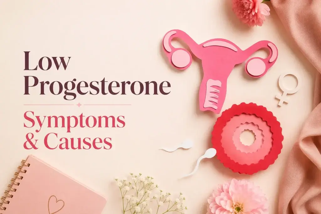 Low progesterone symptoms and causes illustration featuring a feminine paper-cut reproductive system, ovary and uterus icons, soft pink florals, and elegant typography highlighting hormonal health in women.