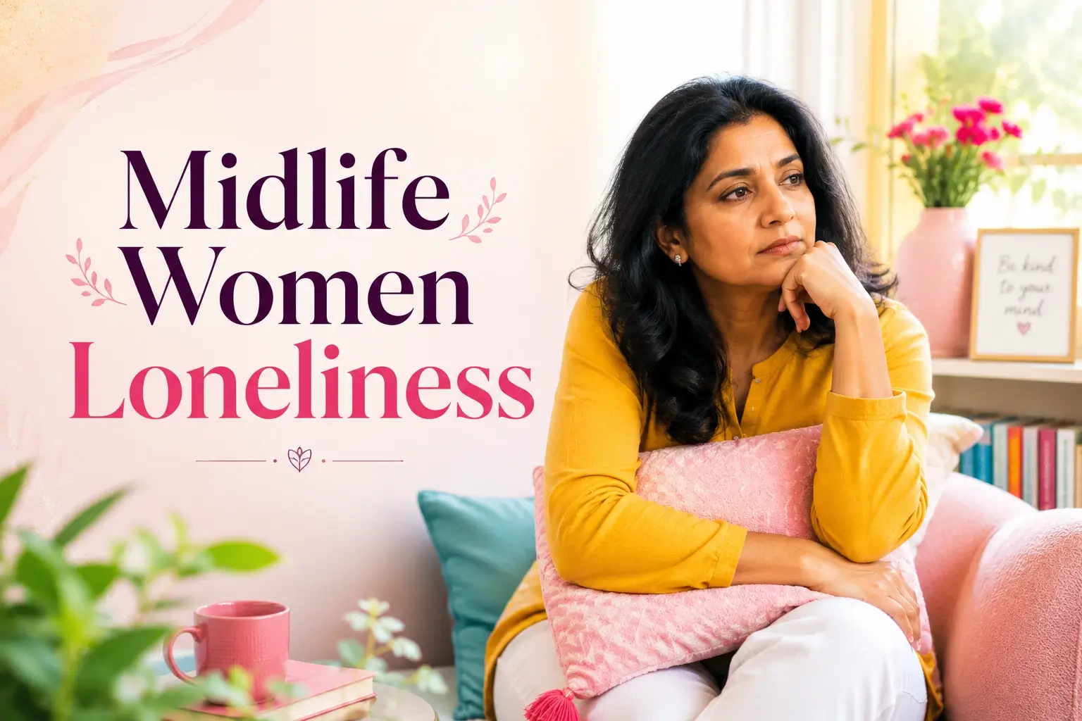 Midlife Women Loneliness showing an Indian woman in her 40s sitting thoughtfully at home, reflecting on emotional isolation, perimenopause and women’s mental health.