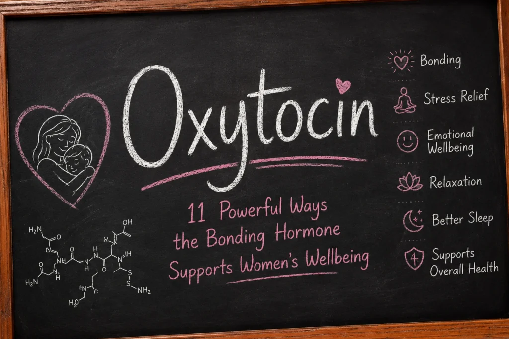 Oxytocin bonding hormone on a blackboard with icons for bonding, stress relief, emotional wellbeing, relaxation, better sleep and women’s overall health