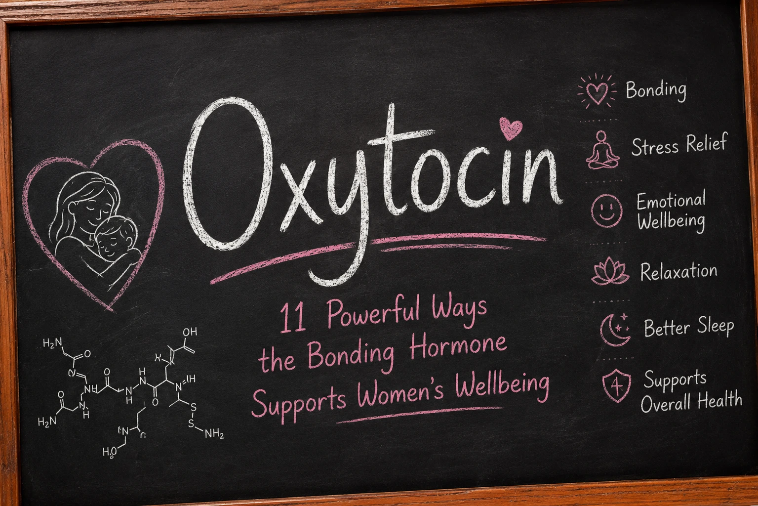 Oxytocin bonding hormone on a blackboard with icons for bonding, stress relief, emotional wellbeing, relaxation, better sleep and women’s overall health