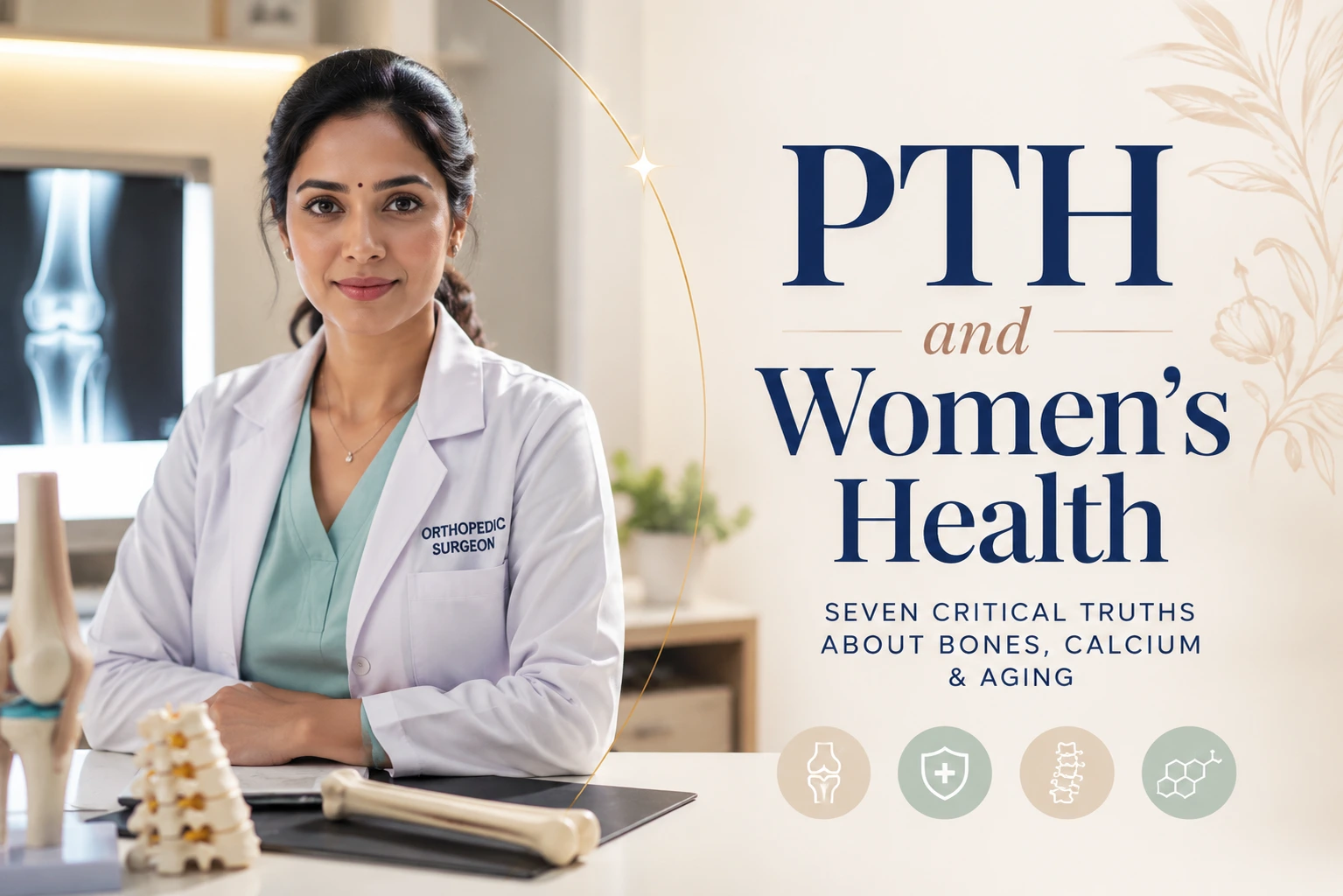 PTH and women’s health showing an Indian orthopedic doctor with bone and spine models, representing parathyroid hormone, calcium balance, bone health, osteoporosis and ageing.