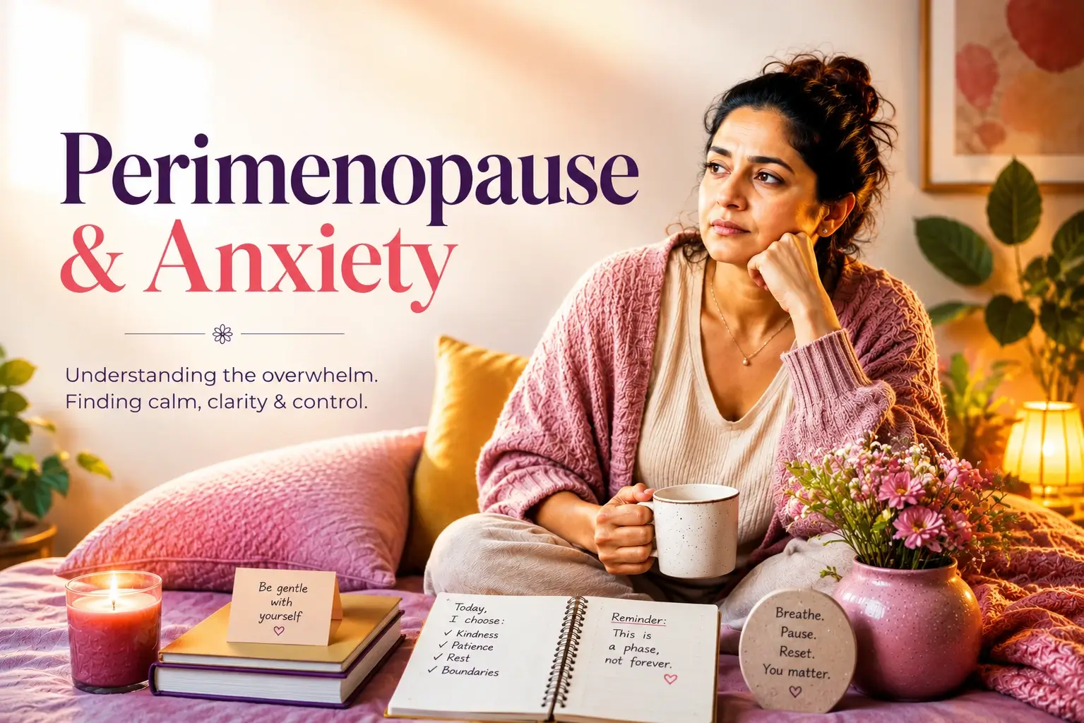 Thoughtful midlife Indian woman sitting on a bed wrapped in a pink cardigan, appearing reflective and anxious, with the headline “Perimenopause & Anxiety” displayed in an elegant font. The warm, editorial-style setting features soft lighting, flowers, journals, and calming wellness elements representing emotional wellbeing during perimenopause.