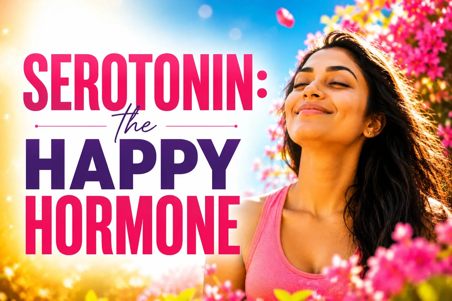 Serotonin: The Happy Hormone image showing an Indian woman outdoors in bright sunlight, representing mood, emotional wellbeing, anxiety support, sleep, energy and women’s mental health.