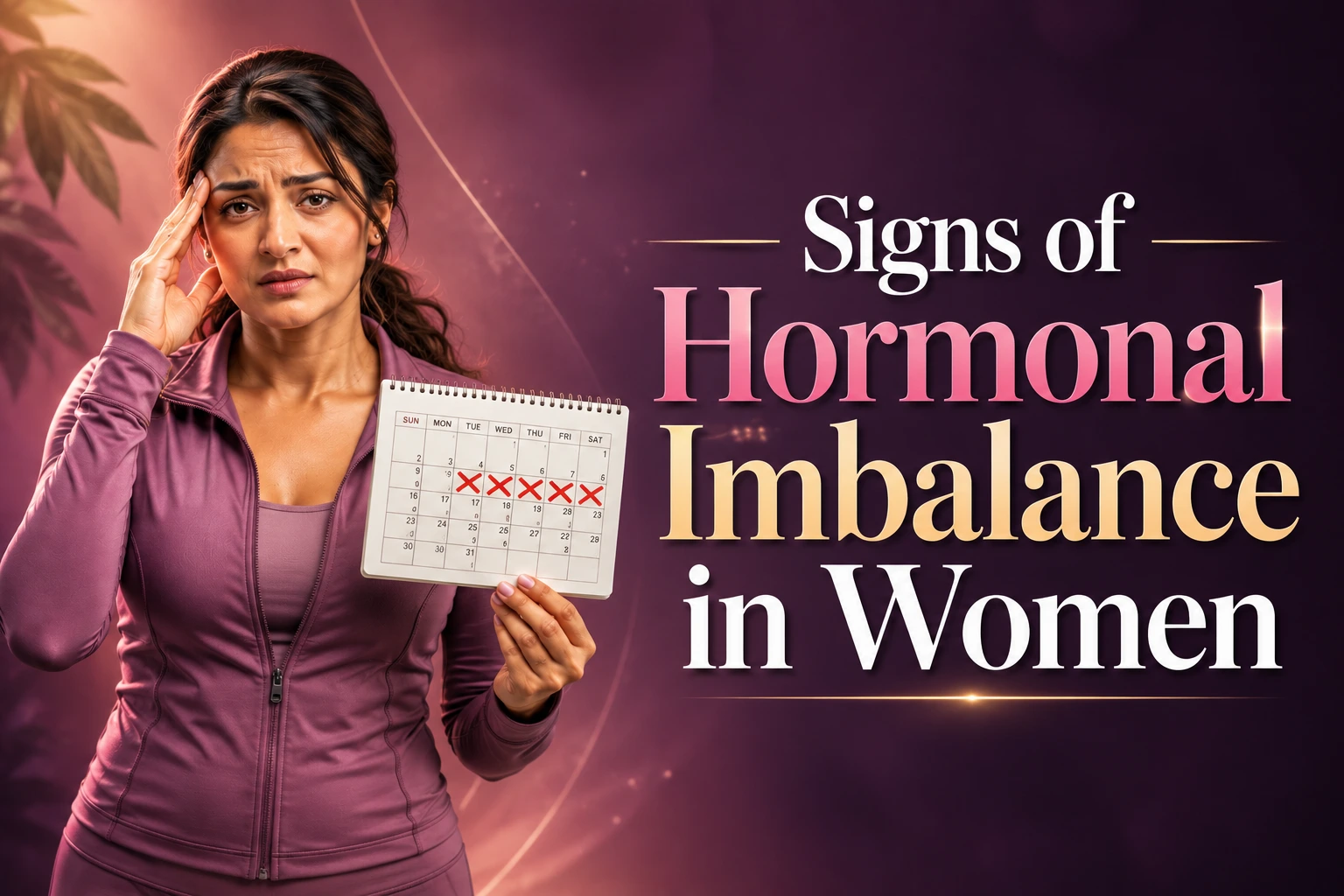 Signs of hormonal imbalance in women showing an Indian woman holding a menstrual calendar, representing irregular periods, fatigue, mood changes, PCOS, perimenopause and hormone health.