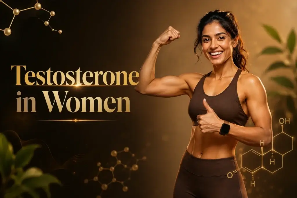 Testosterone in women showing a strong Indian woman flexing her arm, representing low testosterone symptoms, fatigue, low libido, muscle loss, strength, energy and hormonal health.