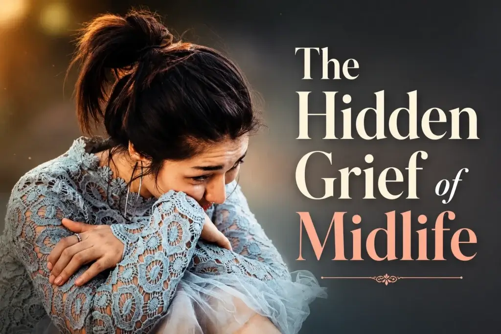 The Hidden Grief of Midlife showing a reflective woman sitting alone, representing midlife grief, identity changes, aging, emotional overwhelm and changing roles in women.