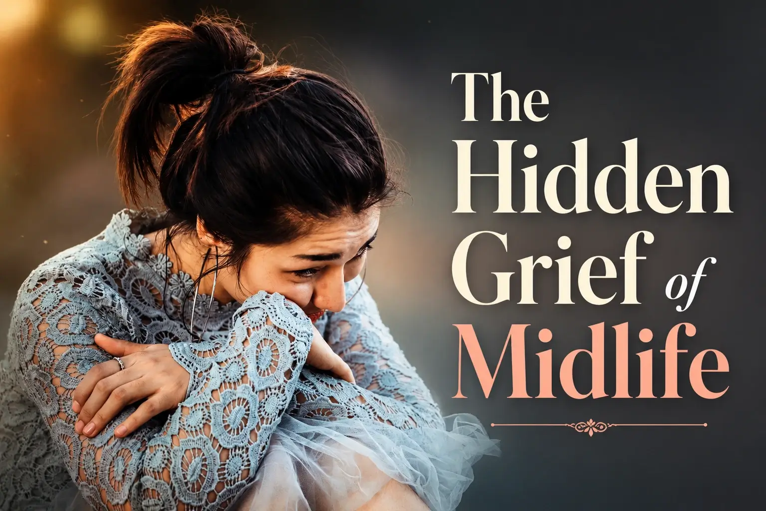The Hidden Grief of Midlife showing a reflective woman sitting alone, representing midlife grief, identity changes, aging, emotional overwhelm and changing roles in women.