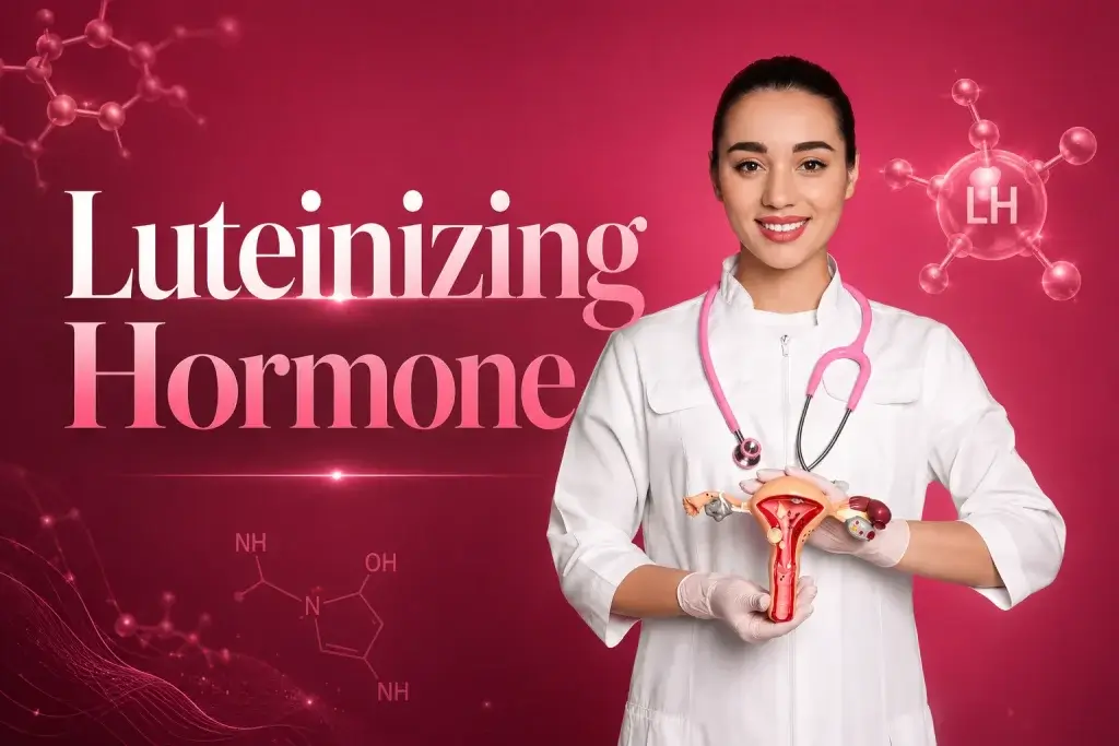 Luteinizing hormone explained with a female doctor holding a uterus model, representing LH levels, ovulation, PCOS, fertility, menstrual cycles and women’s hormonal health.