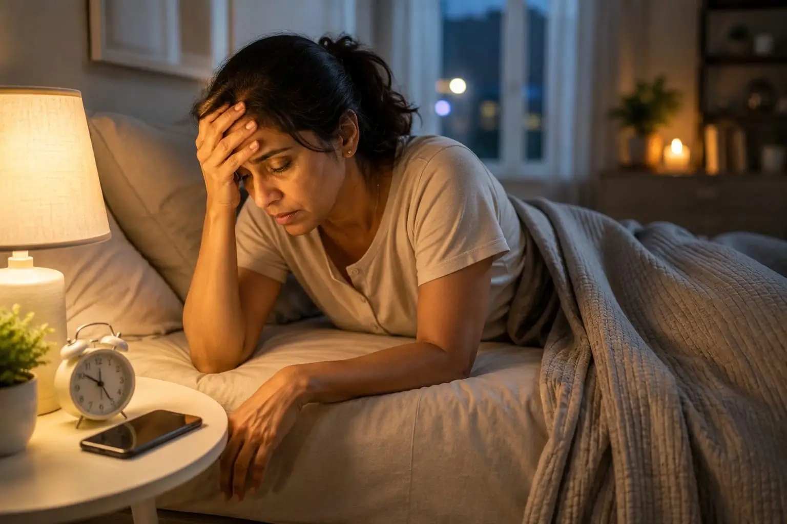 Woman lying awake in bed at night, illustrating the connection between cortisol and sleep and the impact of stress on rest.