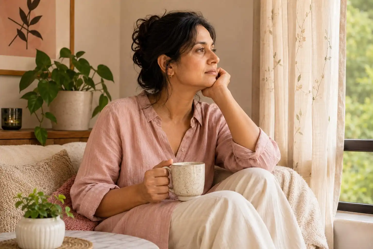 Woman experiencing menopause anxiety sitting by a window with a cup of tea in a peaceful home setting.
