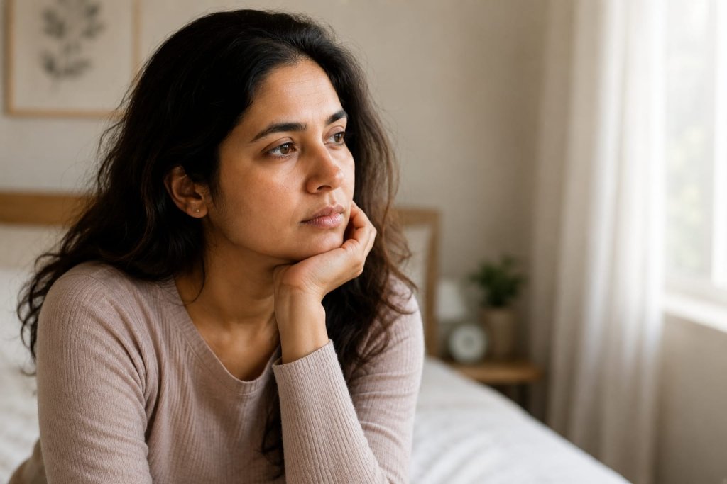Thoughtful woman sitting by a window, representing the connection between hormones and anxiety, menstrual cycle, and women's mental health.