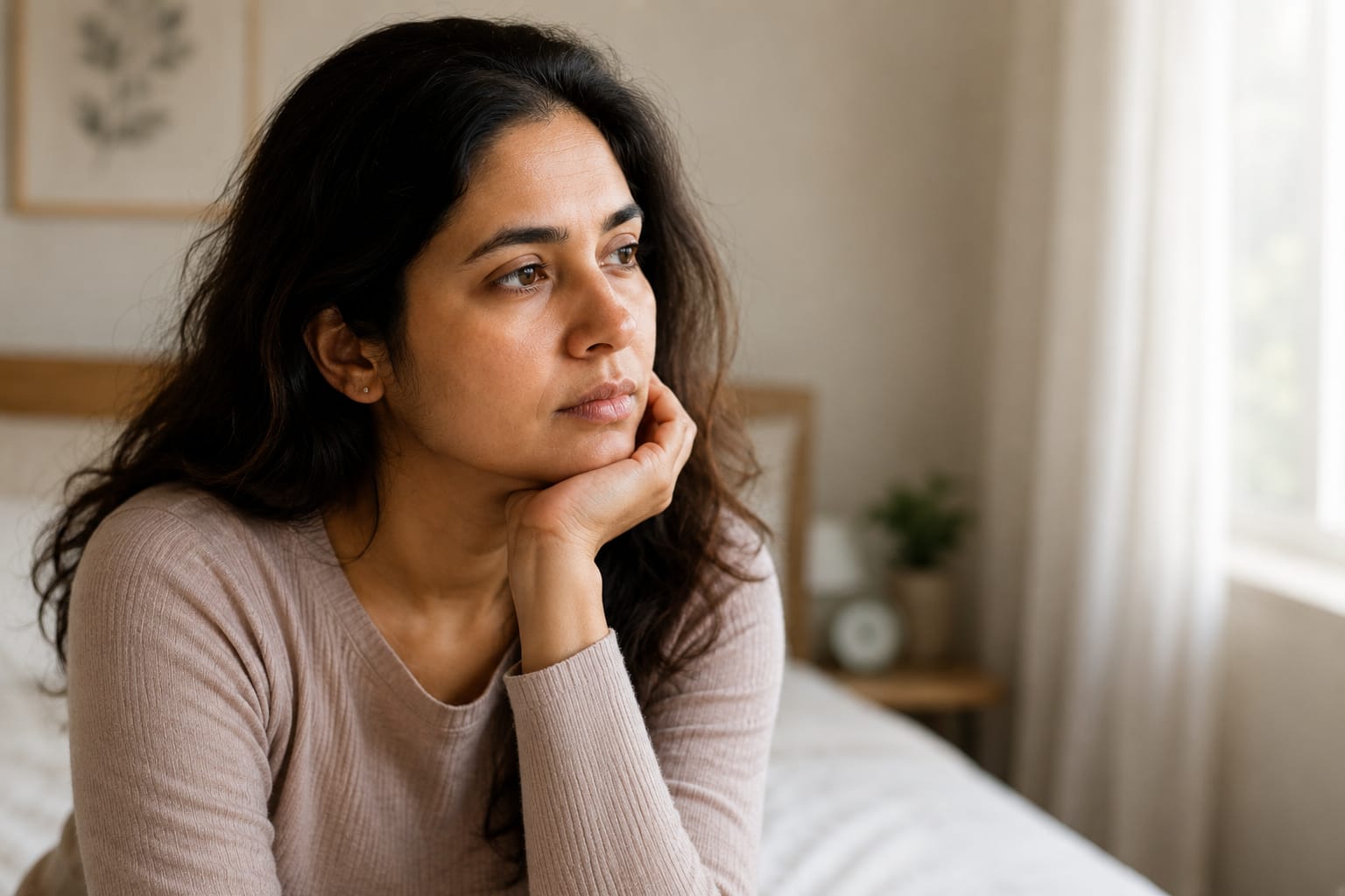 Thoughtful woman sitting by a window, representing the connection between hormones and anxiety, menstrual cycle, and women's mental health.