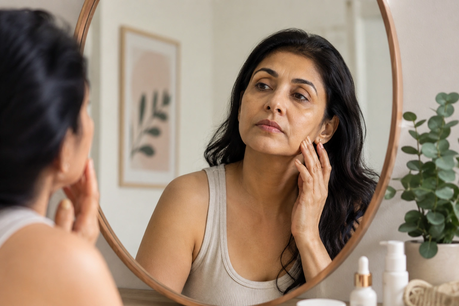 Indian woman with menopause skin changes looking at her reflection while checking dry skin and fine lines