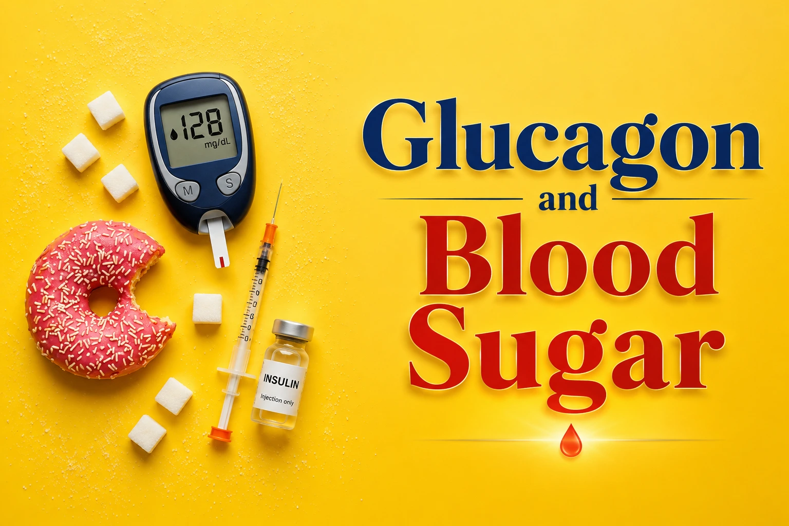 Glucagon and blood sugar showing a glucose meter, sugar cubes, insulin vial and dessert, representing blood sugar balance, insulin resistance, PCOS, PMOS, cravings and women’s metabolic health.