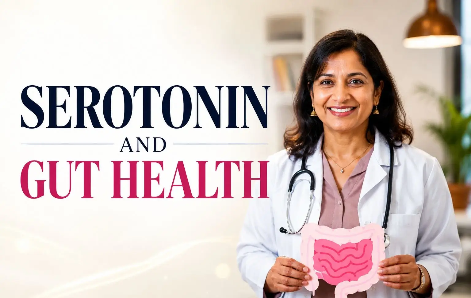 Serotonin and gut health in women showing an Indian doctor holding a gut illustration, representing the gut brain axis, mood, digestion, PCOS, hormones and women’s wellness.