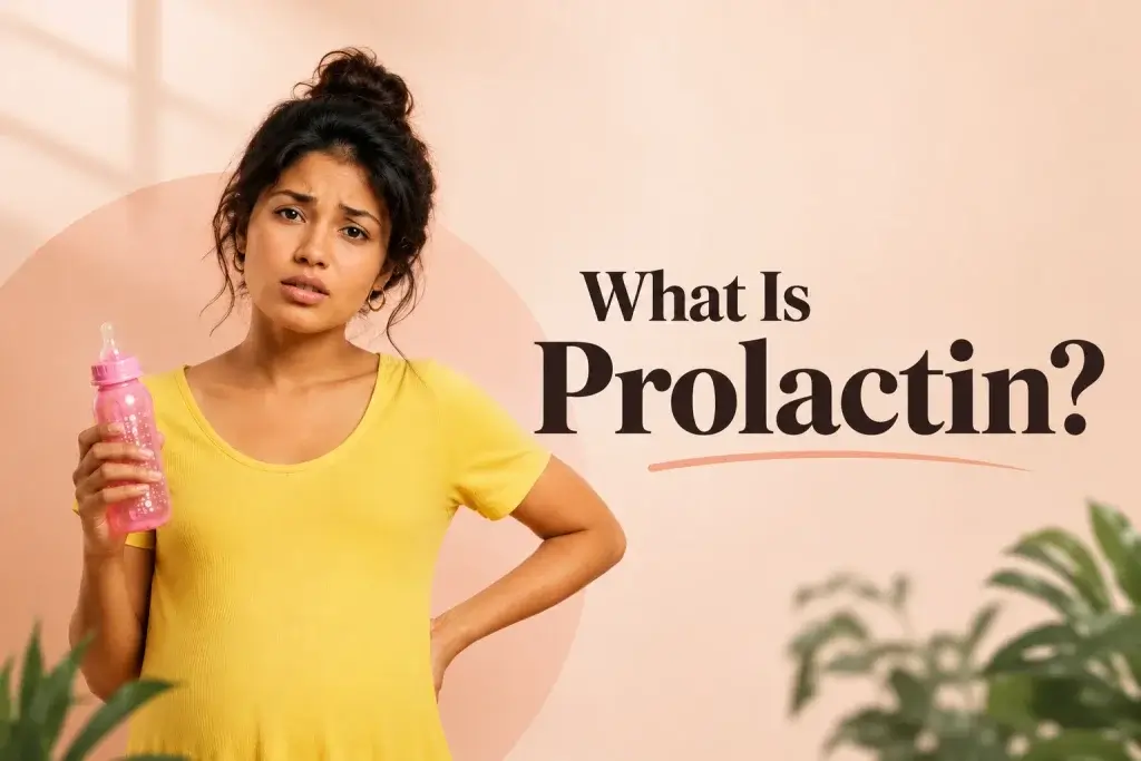 What is prolactin in women showing an Indian woman holding a baby bottle, representing high prolactin, breast milk production, irregular periods, fertility concerns and hormonal health.