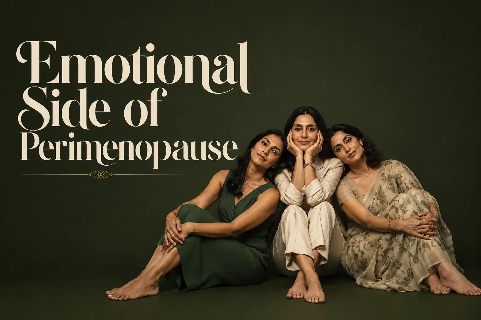 Emotional side of perimenopause showing three Indian midlife women together, representing body image changes, ageing, self-worth, emotional sensitivity, identity shifts and perimenopause mental health.