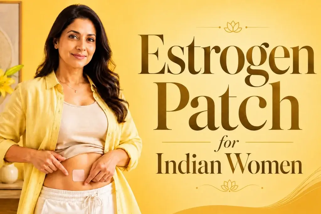 Estrogen patch for Indian women showing a woman applying a transdermal estrogen patch on her abdomen, representing HRT, menopause care, hormonal support and doctor guided treatment.