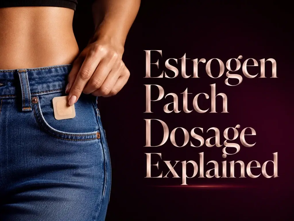 Estrogen Patch Dosage Explained hero image showing a woman applying a transdermal estrogen patch near her jeans pocket on a dark premium background, representing HRT dosage, low-dose options and doctor-guided titration.