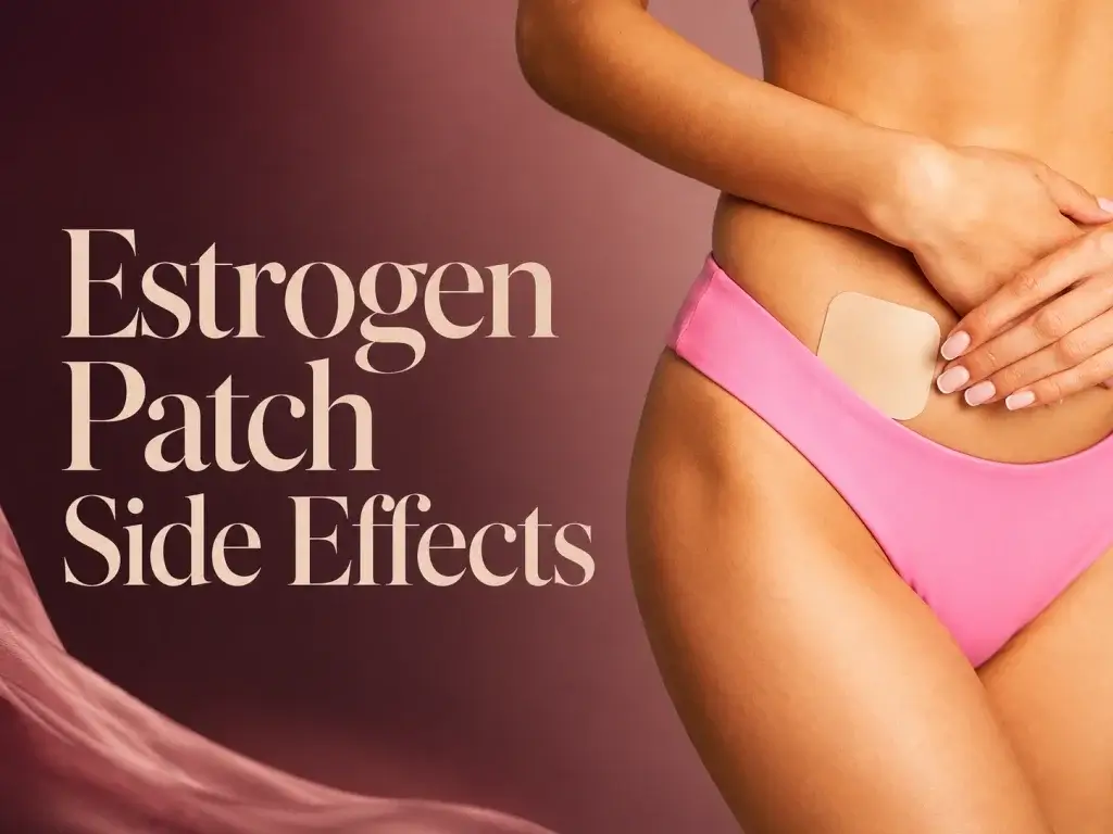 Estrogen Patch Side Effects hero image showing a woman with a transdermal estrogen patch on her lower abdomen, representing HRT patch reactions, skin irritation, breast tenderness, blood pressure monitoring and doctor-guided menopause care.
