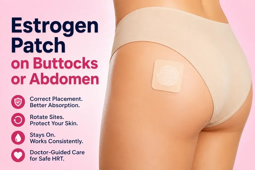 Woman showing an estrogen patch applied on the skin with the title “Estrogen Patch on Buttocks or Abdomen” for a placement guide blog.