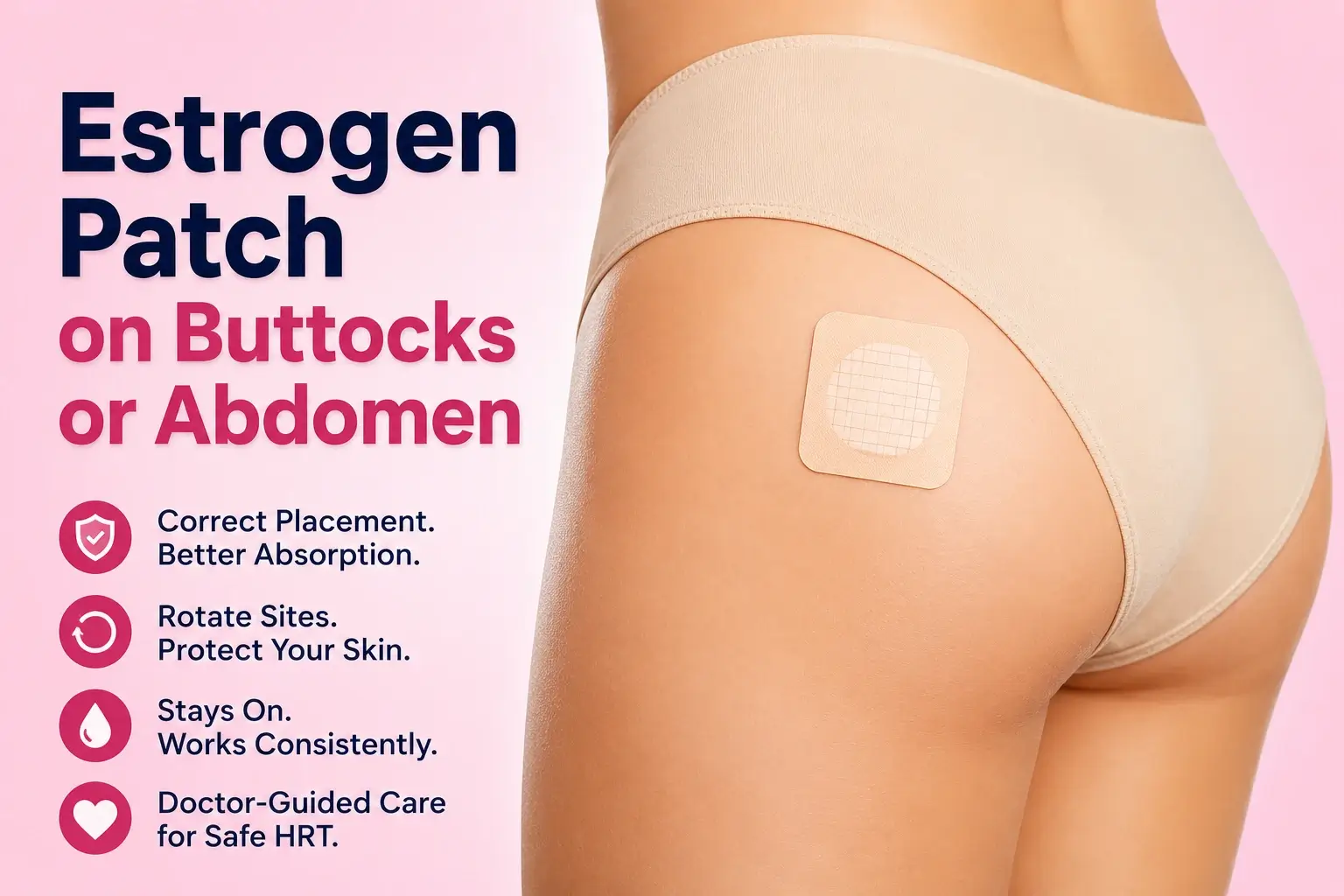 Woman showing an estrogen patch applied on the skin with the title “Estrogen Patch on Buttocks or Abdomen” for a placement guide blog.