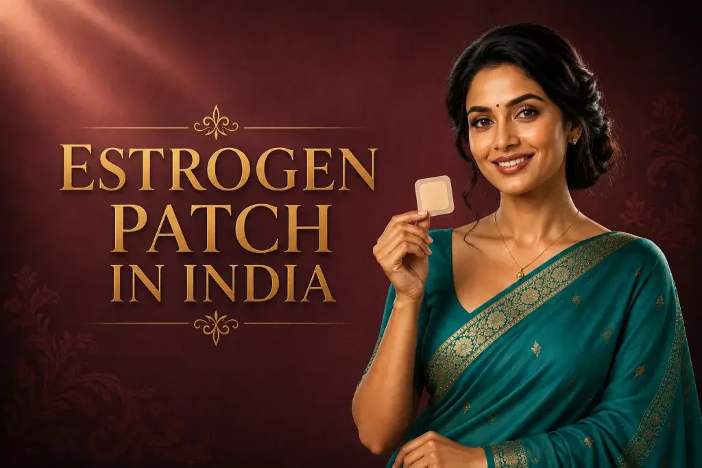Indian woman in a teal saree smiling and holding an estrogen patch beside the headline “Estrogen Patch in India” on a premium maroon background.