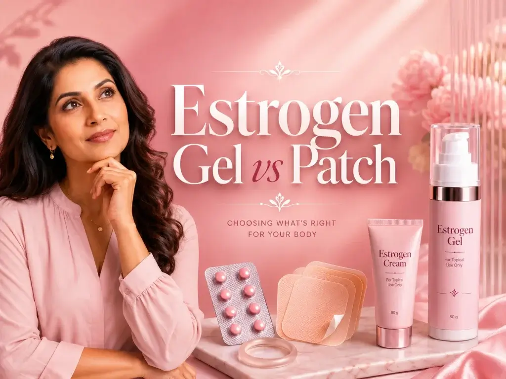 Estrogen Gel vs Patch hero image showing an Indian woman considering HRT options with estrogen gel, estrogen cream, pills, patches and a ring on a pink wellness background.