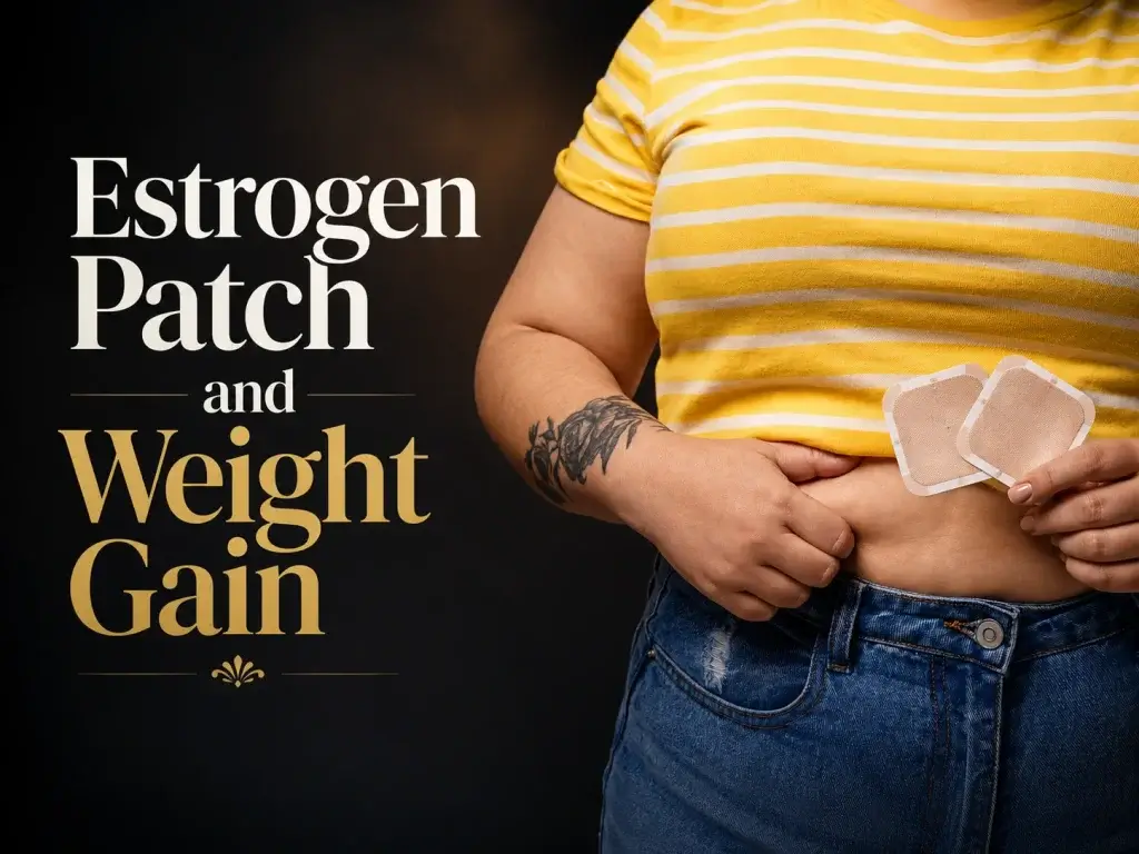 Estrogen patch and weight gain hero image showing a woman holding estrogen patches while gently holding her abdomen, representing HRT weight concerns, midlife body changes, water retention and menopause metabolism.