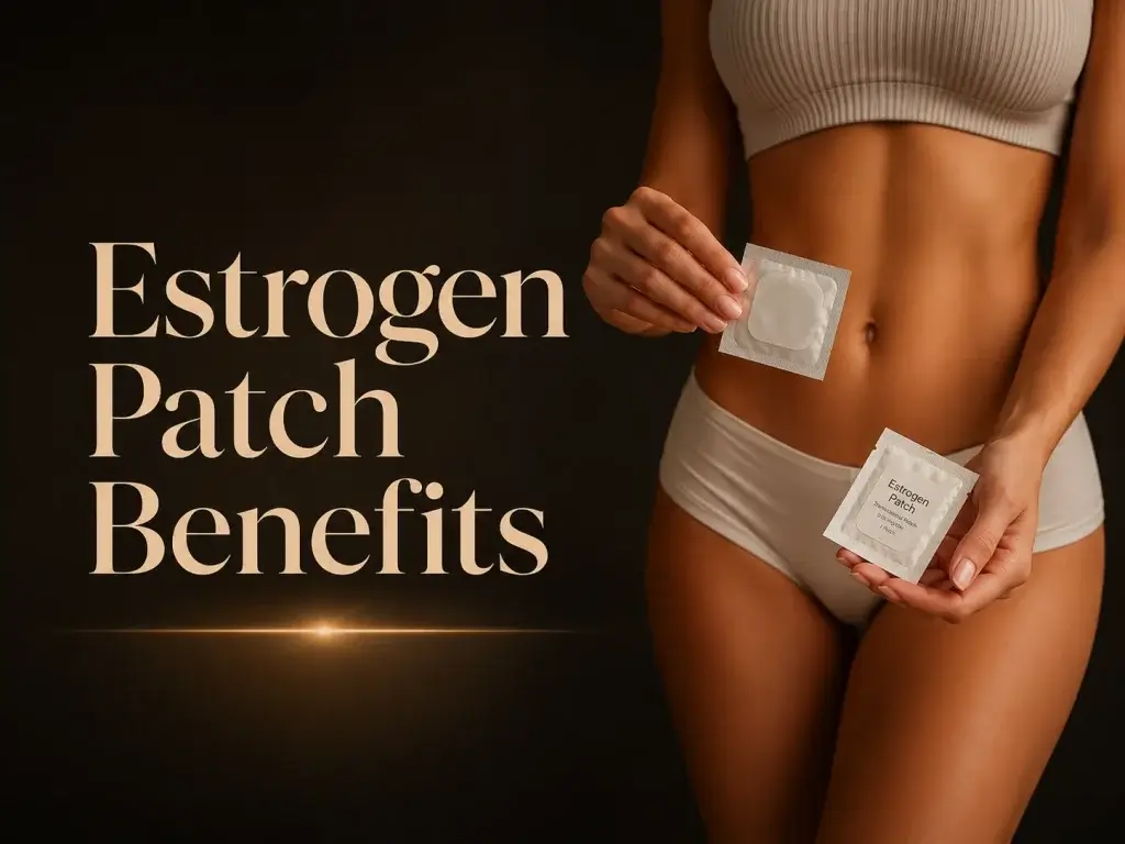 Estrogen Patch Benefits hero image showing a woman holding transdermal estrogen patch packets on a dark premium background, representing doctor-guided HRT, menopause symptom support and transdermal hormone delivery.