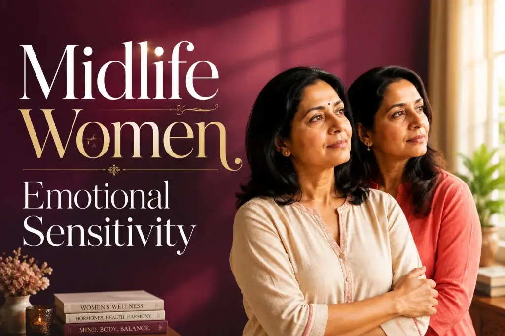 Midlife women emotional sensitivity showing two Indian women in a warm wellness setting, representing emotional overwhelm, perimenopause mood changes, anxiety, identity shifts and women’s mental health after 40.