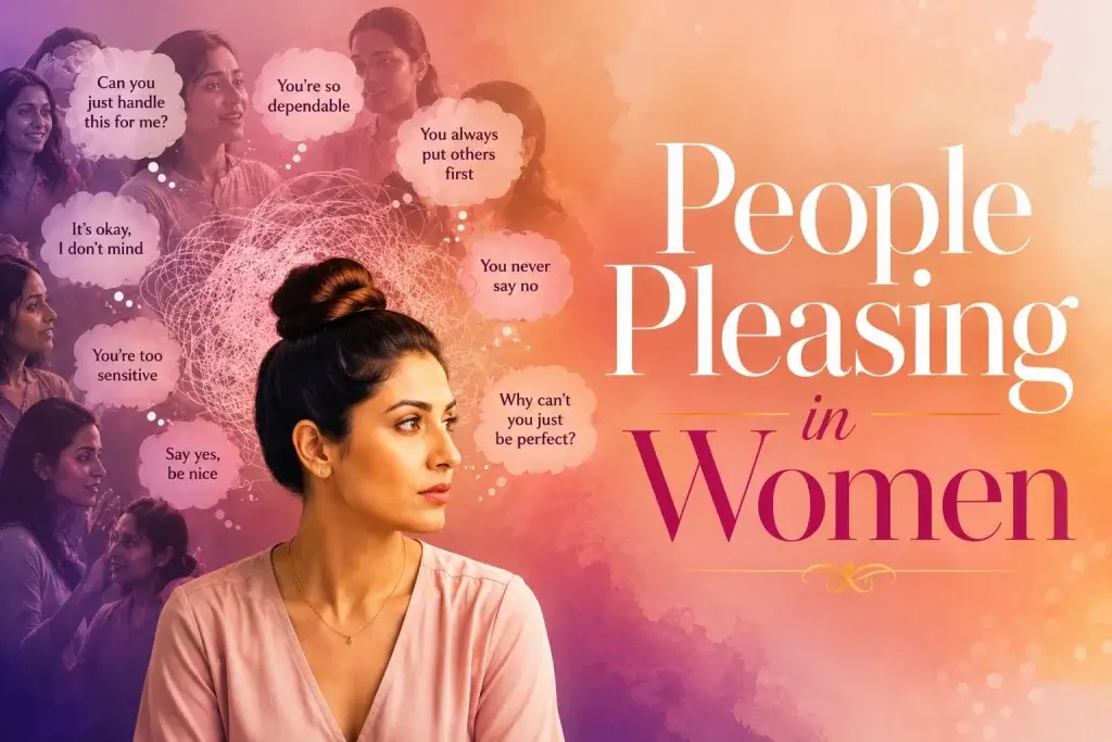 People pleasing in women showing an Indian woman surrounded by social expectations and pressure to say yes, be perfect and put others first, representing perfectionism, emotional overload and nervous system stress.