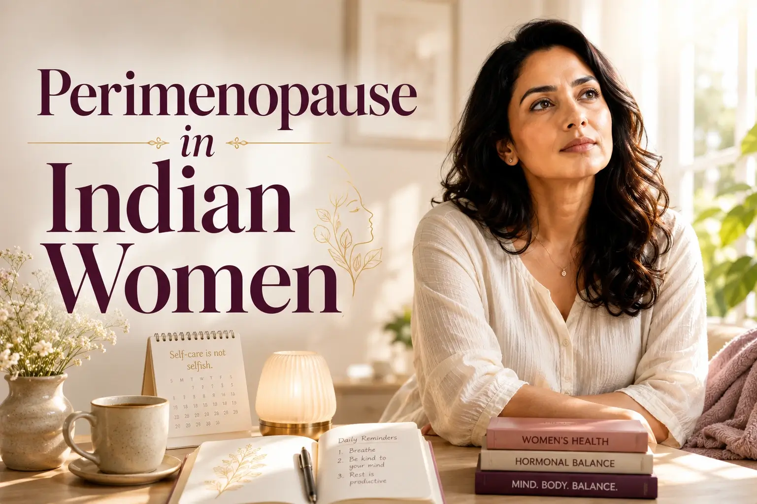 Perimenopause in Indian women showing a thoughtful Indian woman in a calm wellness setting, representing anxiety, mood changes, brain fog, sleep issues, emotional overwhelm and hormonal mental health.