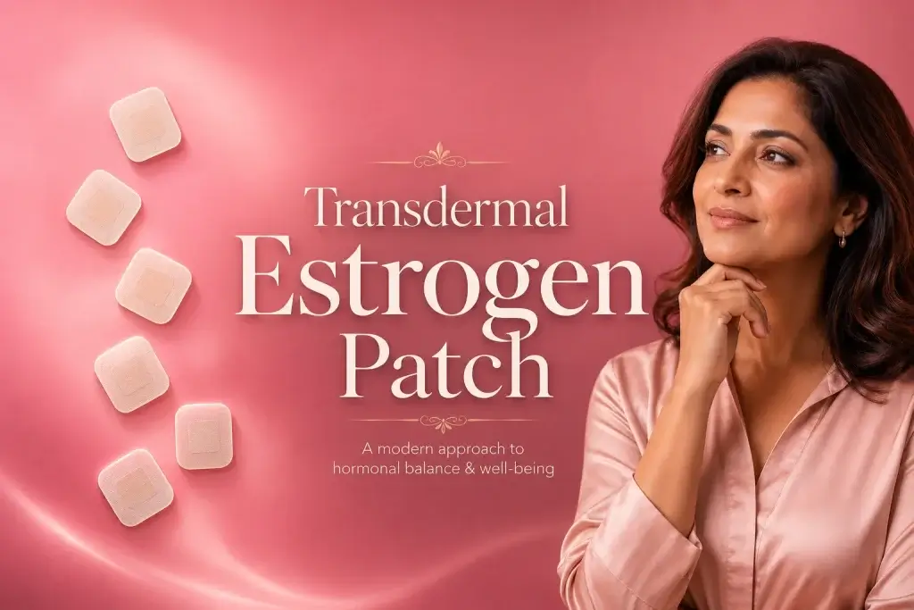 Transdermal estrogen patch showing realistic hormone patches beside a thoughtful Indian woman, representing skin-based estrogen delivery, oral HRT comparison, menopause care and doctor-guided HRT.