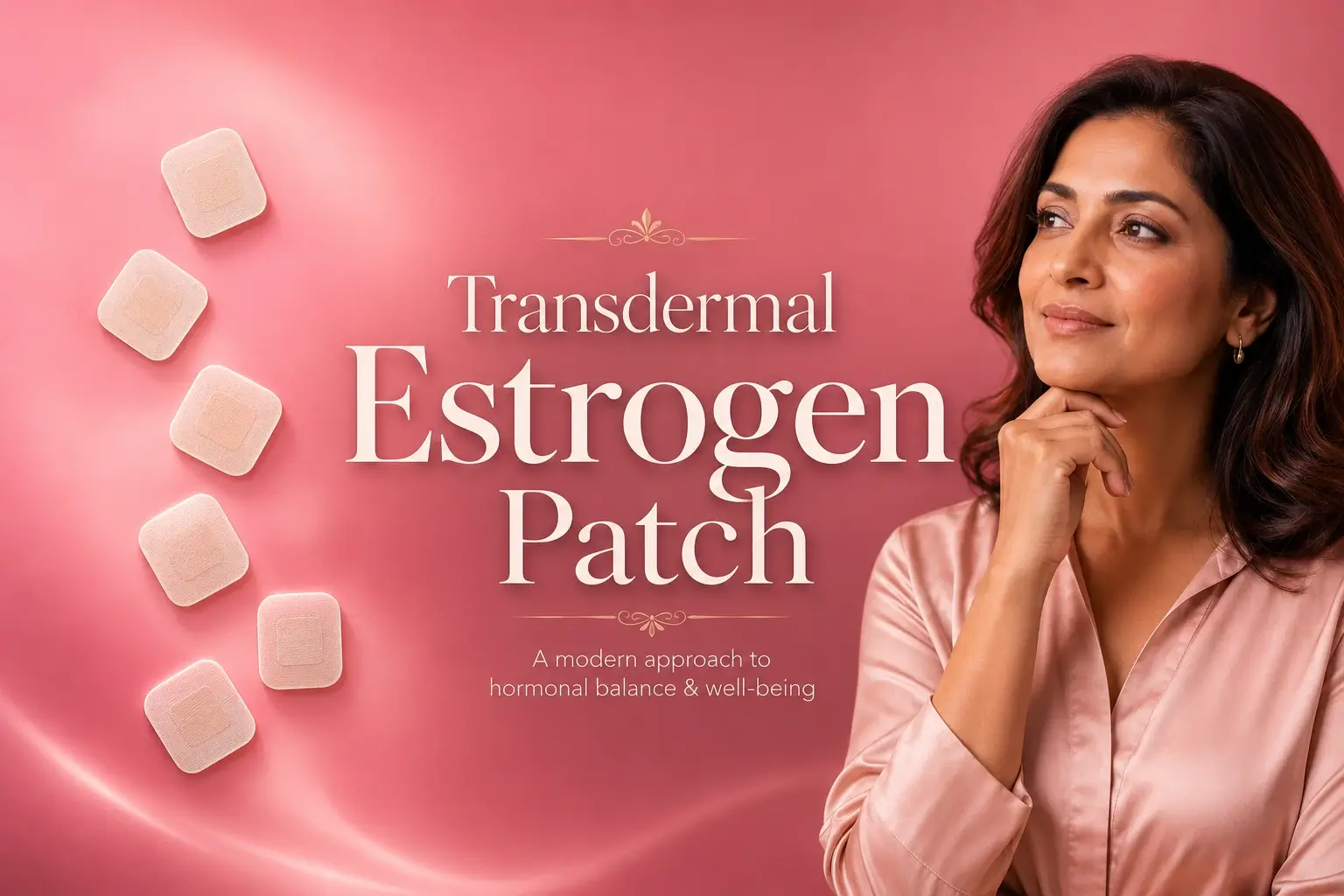 Transdermal estrogen patch showing realistic hormone patches beside a thoughtful Indian woman, representing skin-based estrogen delivery, oral HRT comparison, menopause care and doctor-guided HRT.