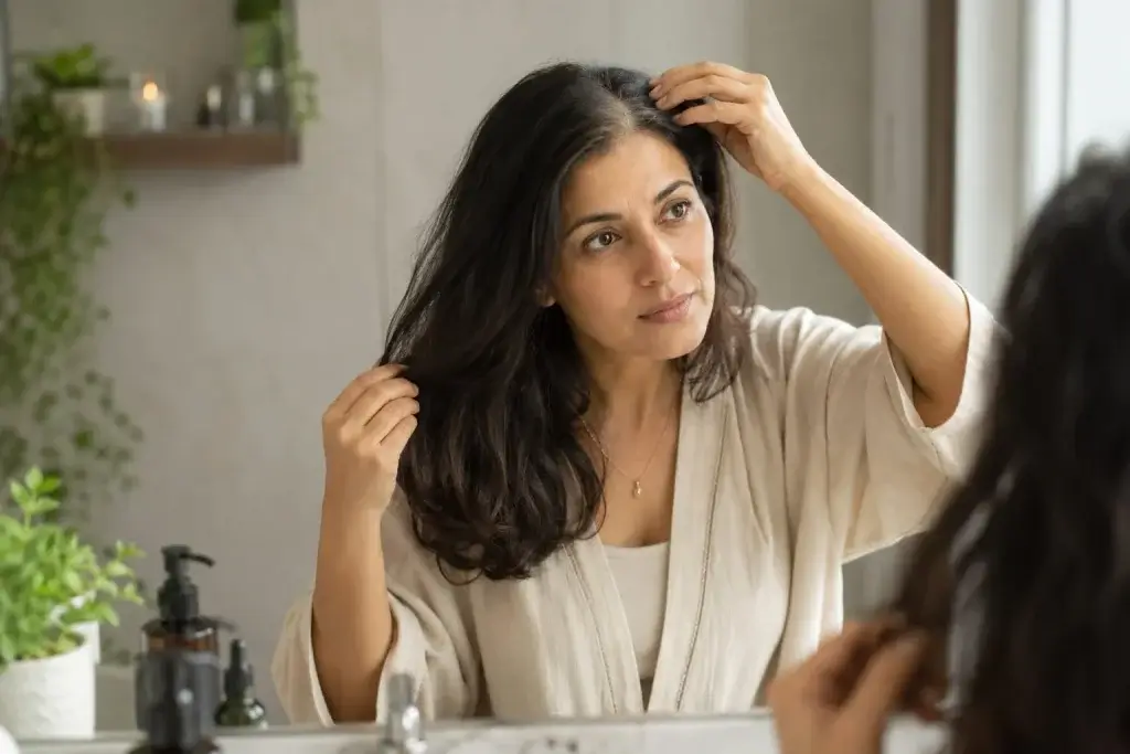 Indian woman in her late 40s examining her hair in the mirror, representing menopause hair loss and hormonal hair thinning.