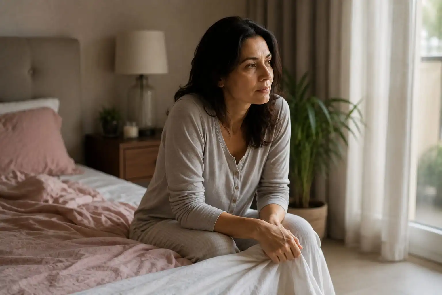 Woman experiencing low libido during menopause sitting thoughtfully on the edge of a bed in a softly lit bedroom