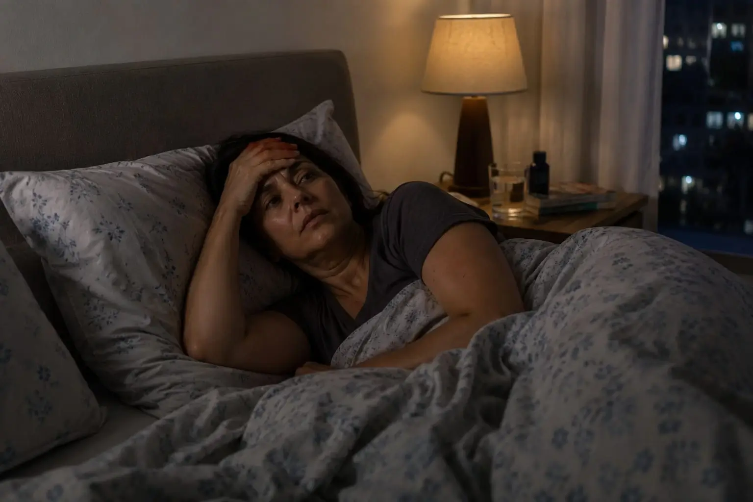 Woman experiencing menopause hot flashes while trying to sleep at night, highlighting remedies for hot flashes and symptom management.